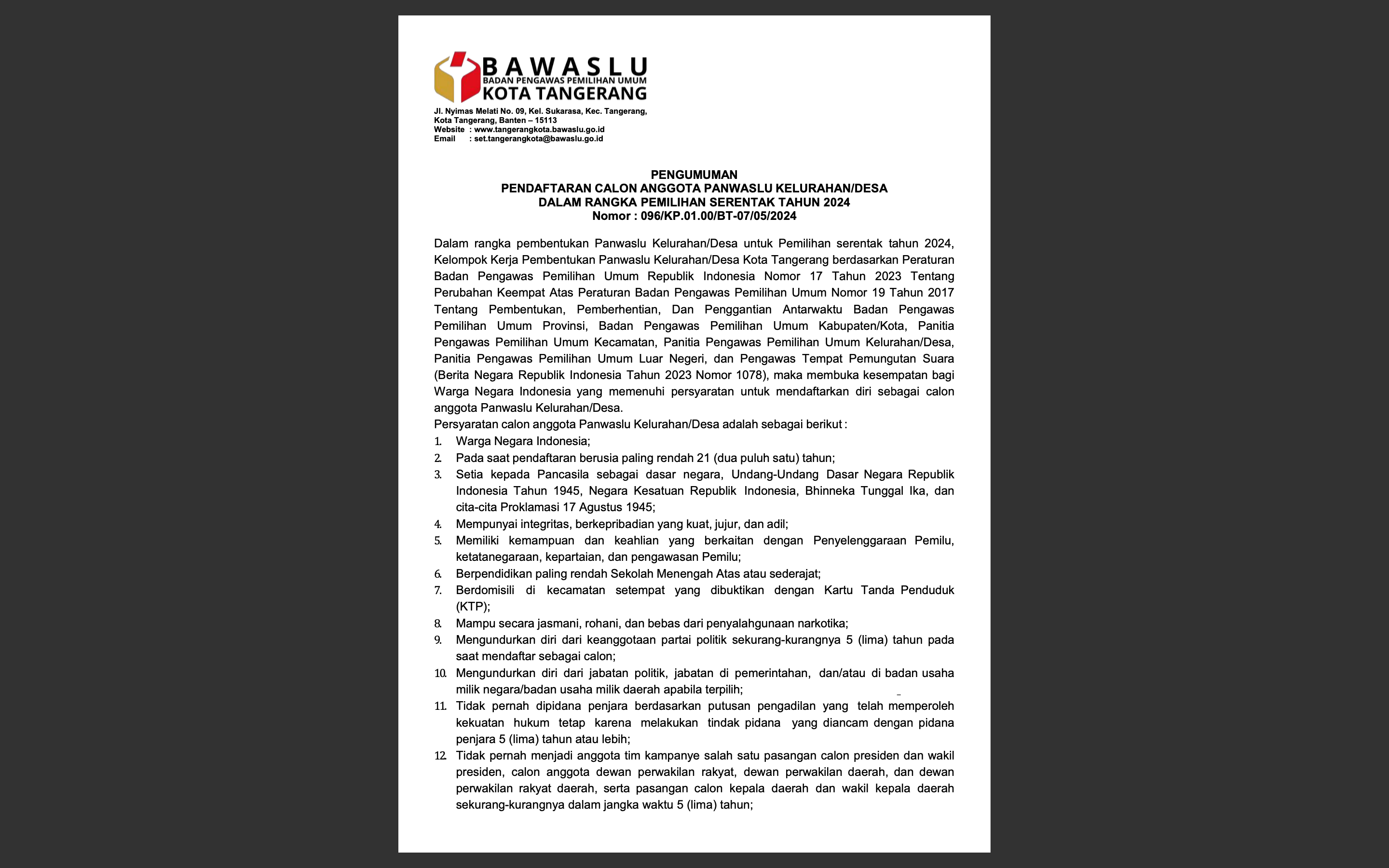 Pengumuman Pendaftaran Calon Anggota Panwaslu Kelurahan/Desa dalam Rangka Pemilihan Serentak Tahun 2024